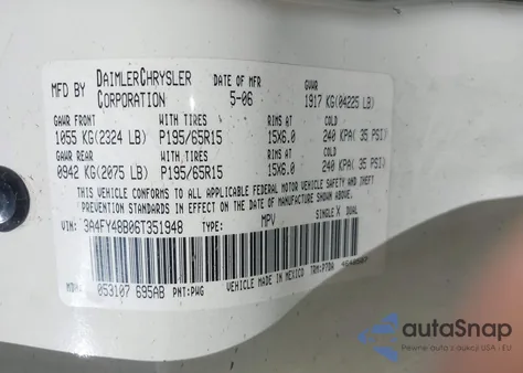 2006 Chrysler Pt Cruiser from USA, damaged, VIN 3A4FY48B06T351948